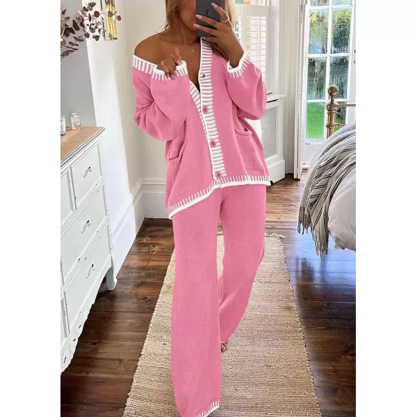 PRETTYGARDEN Womens 2 Piece Outfits Knit Matching Lounge Sets Long Sleeve V Neck Cardigan Sweaters Wide Leg Pants TracksuitsPink