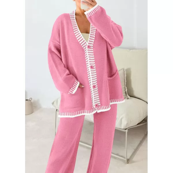 PRETTYGARDEN Womens 2 Piece Outfits Knit Matching Lounge Sets Long Sleeve V Neck Cardigan Sweaters Wide Leg Pants TracksuitsPink