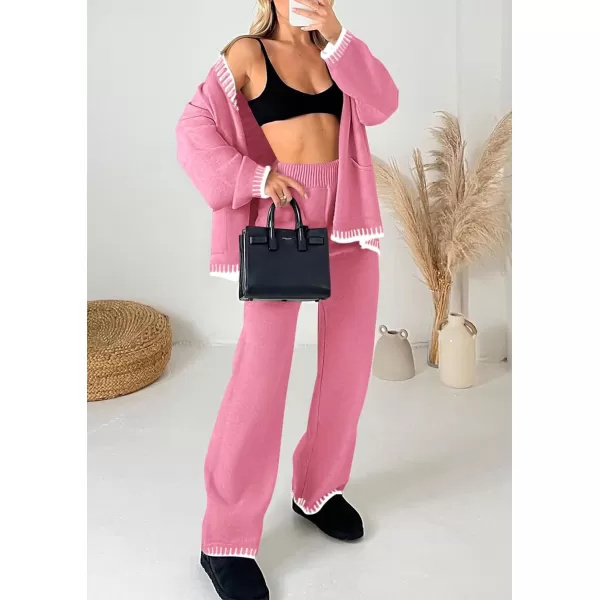 PRETTYGARDEN Womens 2 Piece Outfits Knit Matching Lounge Sets Long Sleeve V Neck Cardigan Sweaters Wide Leg Pants TracksuitsPink