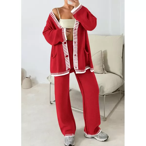 PRETTYGARDEN Womens 2 Piece Outfits Knit Matching Lounge Sets Long Sleeve V Neck Cardigan Sweaters Wide Leg Pants TracksuitsRed