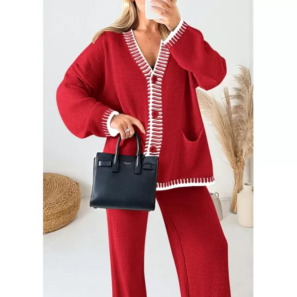 PRETTYGARDEN Womens 2 Piece Outfits Knit Matching Lounge Sets Long Sleeve V Neck Cardigan Sweaters Wide Leg Pants TracksuitsRed