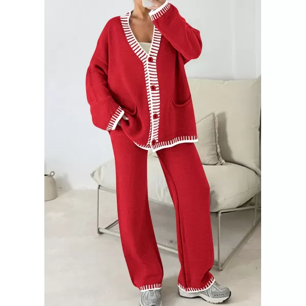 PRETTYGARDEN Womens 2 Piece Outfits Knit Matching Lounge Sets Long Sleeve V Neck Cardigan Sweaters Wide Leg Pants TracksuitsRed