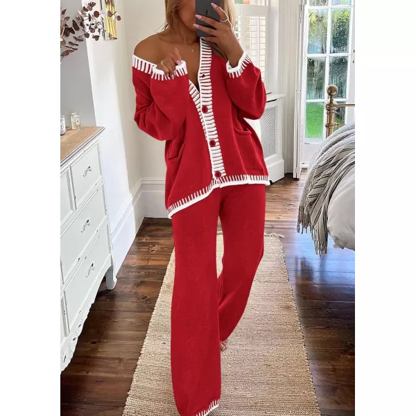 PRETTYGARDEN Womens 2 Piece Outfits Knit Matching Lounge Sets Long Sleeve V Neck Cardigan Sweaters Wide Leg Pants TracksuitsRed