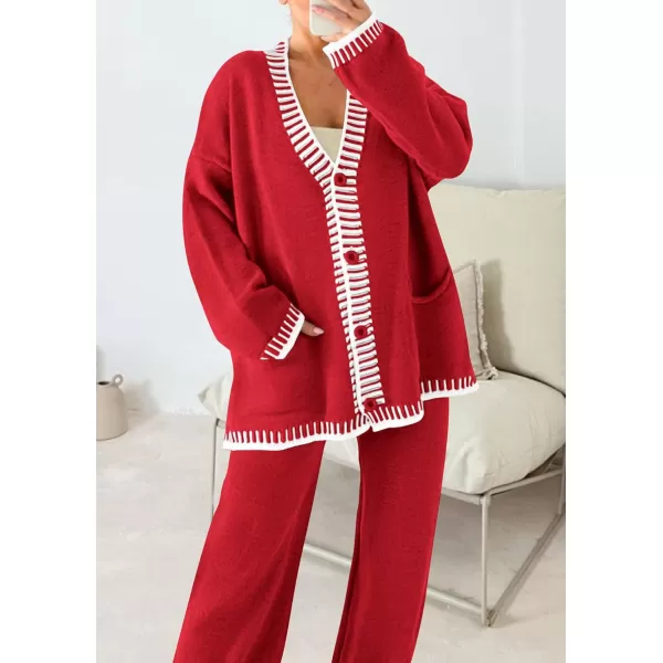 PRETTYGARDEN Womens 2 Piece Outfits Knit Matching Lounge Sets Long Sleeve V Neck Cardigan Sweaters Wide Leg Pants TracksuitsRed