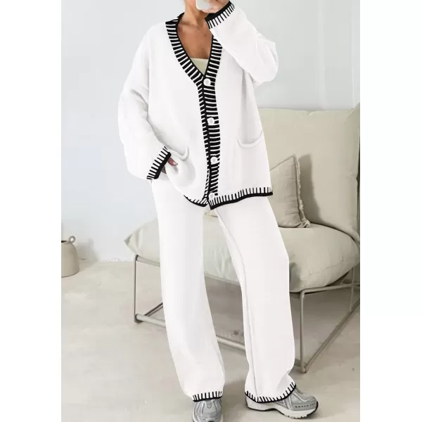PRETTYGARDEN Womens 2 Piece Outfits Knit Matching Lounge Sets Long Sleeve V Neck Cardigan Sweaters Wide Leg Pants TracksuitsWhite