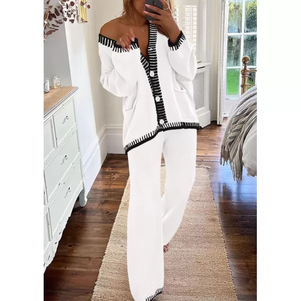 PRETTYGARDEN Womens 2 Piece Outfits Knit Matching Lounge Sets Long Sleeve V Neck Cardigan Sweaters Wide Leg Pants TracksuitsWhite