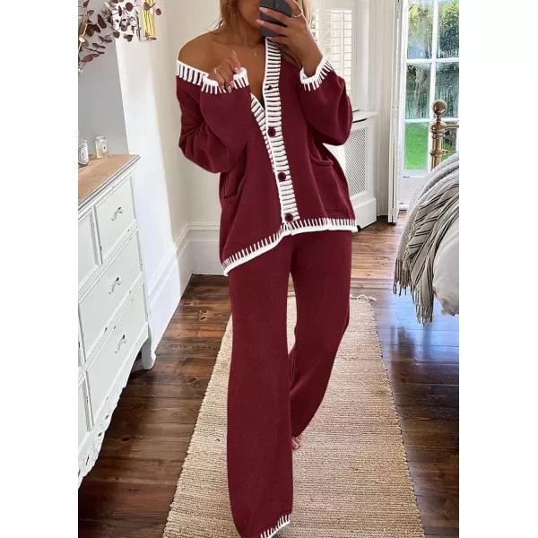 PRETTYGARDEN Womens 2 Piece Outfits Knit Matching Lounge Sets Long Sleeve V Neck Cardigan Sweaters Wide Leg Pants TracksuitsWine Red