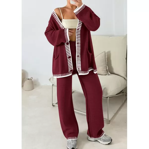 PRETTYGARDEN Womens 2 Piece Outfits Knit Matching Lounge Sets Long Sleeve V Neck Cardigan Sweaters Wide Leg Pants TracksuitsWine Red