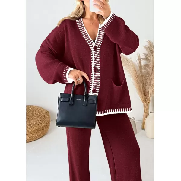 PRETTYGARDEN Womens 2 Piece Outfits Knit Matching Lounge Sets Long Sleeve V Neck Cardigan Sweaters Wide Leg Pants TracksuitsWine Red