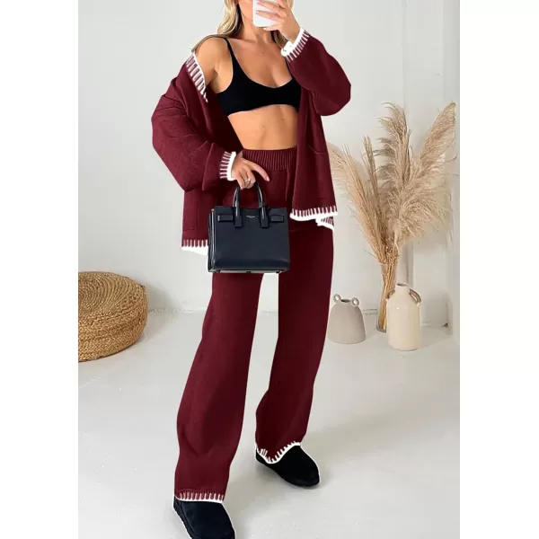 PRETTYGARDEN Womens 2 Piece Outfits Knit Matching Lounge Sets Long Sleeve V Neck Cardigan Sweaters Wide Leg Pants TracksuitsWine Red