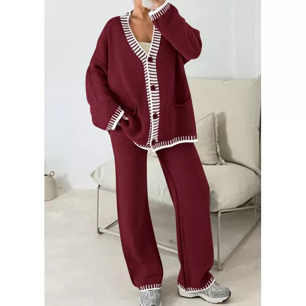 PRETTYGARDEN Womens 2 Piece Outfits Knit Matching Lounge Sets Long Sleeve V Neck Cardigan Sweaters Wide Leg Pants TracksuitsWine Red