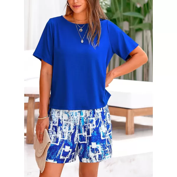 PRETTYGARDEN Womens Summer 2 Piece Outfits Lounge Sets Short Sleeve Tee Shirts Tops Blouses Pockets Printed Shorts TracksuitBlue