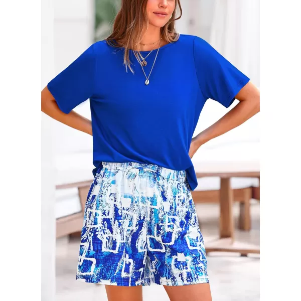 PRETTYGARDEN Womens Summer 2 Piece Outfits Lounge Sets Short Sleeve Tee Shirts Tops Blouses Pockets Printed Shorts TracksuitBlue