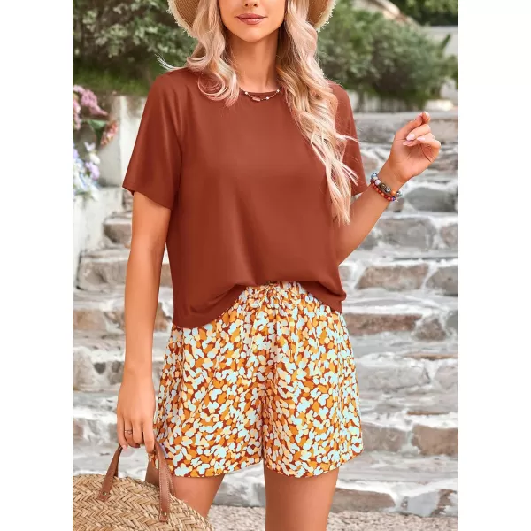 PRETTYGARDEN Womens Summer 2 Piece Outfits Lounge Sets Short Sleeve Tee Shirts Tops Blouses Pockets Printed Shorts TracksuitBrown