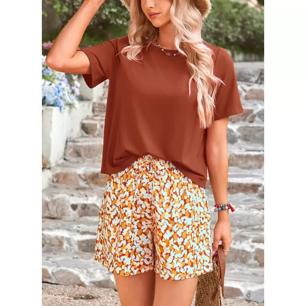 PRETTYGARDEN Womens Summer 2 Piece Outfits Lounge Sets Short Sleeve Tee Shirts Tops Blouses Pockets Printed Shorts TracksuitBrown