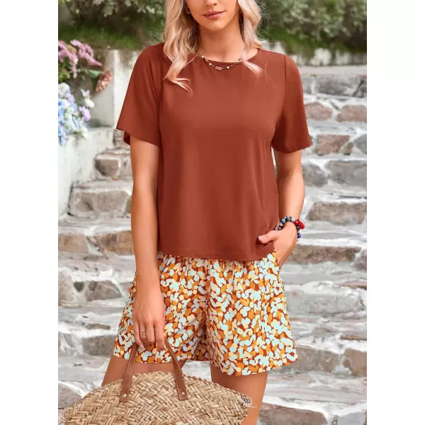 PRETTYGARDEN Womens Summer 2 Piece Outfits Lounge Sets Short Sleeve Tee Shirts Tops Blouses Pockets Printed Shorts TracksuitBrown