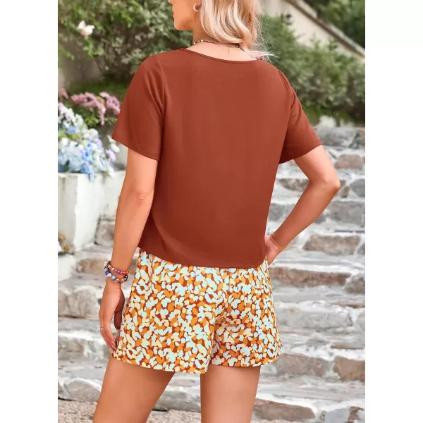 PRETTYGARDEN Womens Summer 2 Piece Outfits Lounge Sets Short Sleeve Tee Shirts Tops Blouses Pockets Printed Shorts TracksuitBrown