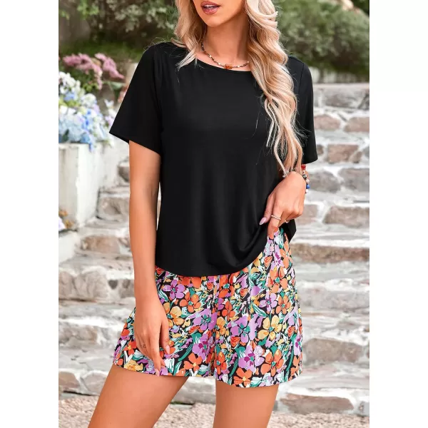 PRETTYGARDEN Womens Summer 2 Piece Outfits Lounge Sets Short Sleeve Tee Shirts Tops Blouses Pockets Printed Shorts TracksuitFloral Black