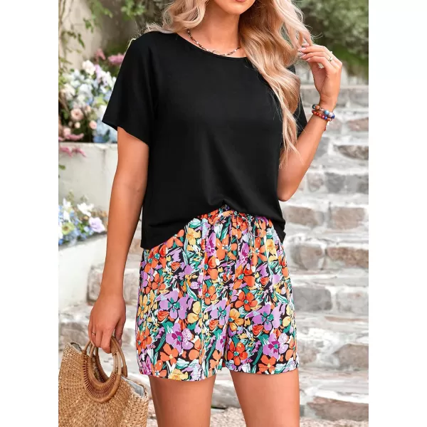 PRETTYGARDEN Womens Summer 2 Piece Outfits Lounge Sets Short Sleeve Tee Shirts Tops Blouses Pockets Printed Shorts TracksuitFloral Black