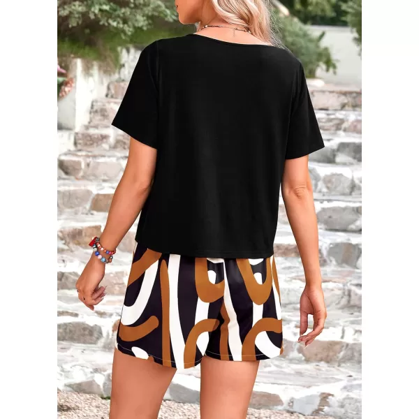 PRETTYGARDEN Womens Summer 2 Piece Outfits Lounge Sets Short Sleeve Tee Shirts Tops Blouses Pockets Printed Shorts TracksuitFloral Black Multicolored