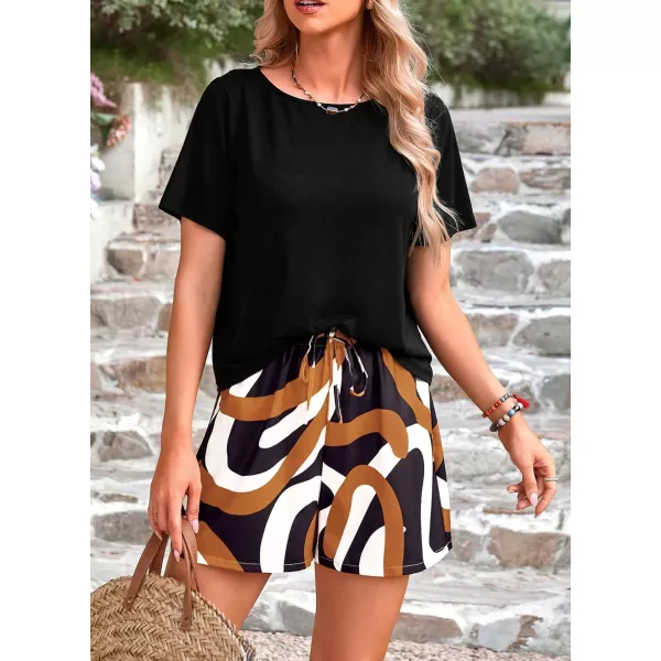 PRETTYGARDEN Womens Summer 2 Piece Outfits Lounge Sets Short Sleeve Tee Shirts Tops Blouses Pockets Printed Shorts TracksuitFloral Black Multicolored