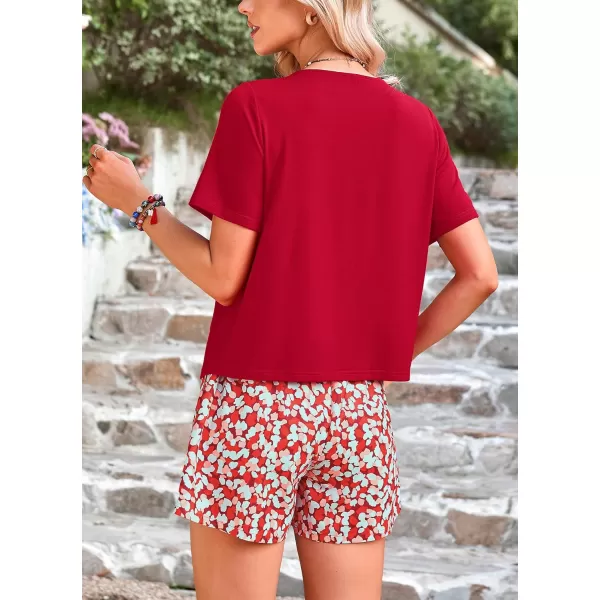PRETTYGARDEN Womens Summer 2 Piece Outfits Lounge Sets Short Sleeve Tee Shirts Tops Blouses Pockets Printed Shorts TracksuitRed