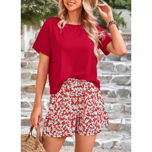 PRETTYGARDEN Womens Summer 2 Piece Outfits Lounge Sets Short Sleeve Tee Shirts Tops Blouses Pockets Printed Shorts TracksuitRed