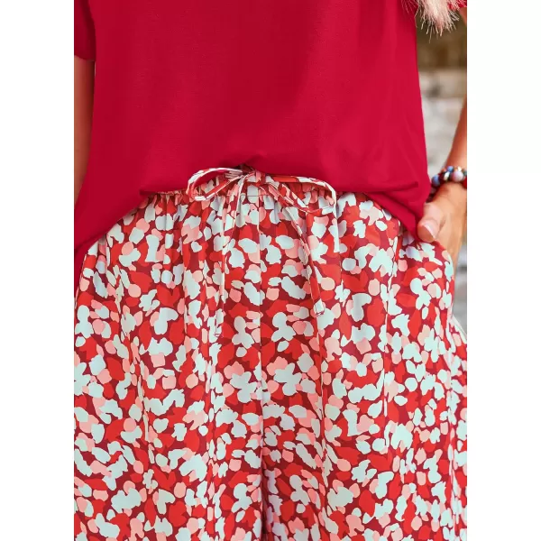 PRETTYGARDEN Womens Summer 2 Piece Outfits Lounge Sets Short Sleeve Tee Shirts Tops Blouses Pockets Printed Shorts TracksuitRed
