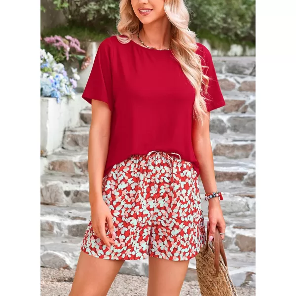 PRETTYGARDEN Womens Summer 2 Piece Outfits Lounge Sets Short Sleeve Tee Shirts Tops Blouses Pockets Printed Shorts TracksuitRed