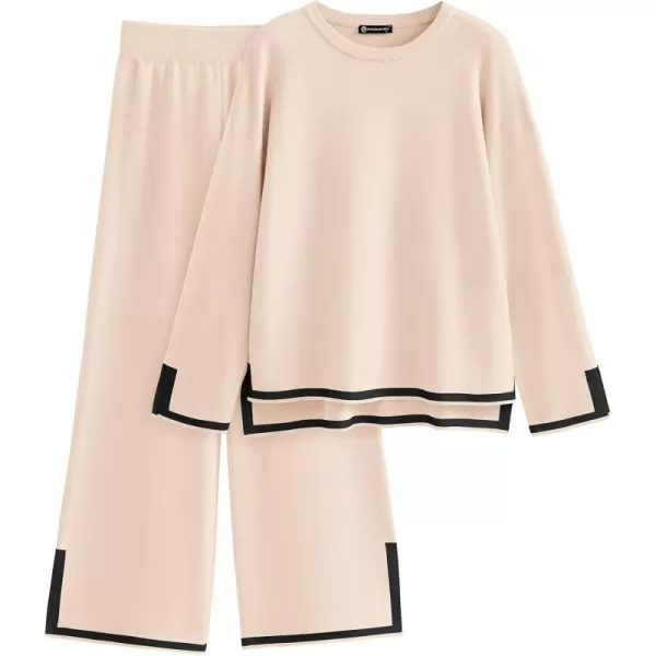 PRETTYGARDEN Womens 2 Piece Knit Sweater Set Casual Long Sleeve Pullover Wide Leg Pants Sweatsuit Tracksuit OutfitBeige