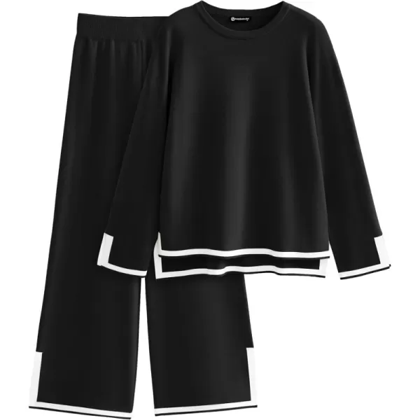 PRETTYGARDEN Womens 2 Piece Knit Sweater Set Casual Long Sleeve Pullover Wide Leg Pants Sweatsuit Tracksuit OutfitBlack