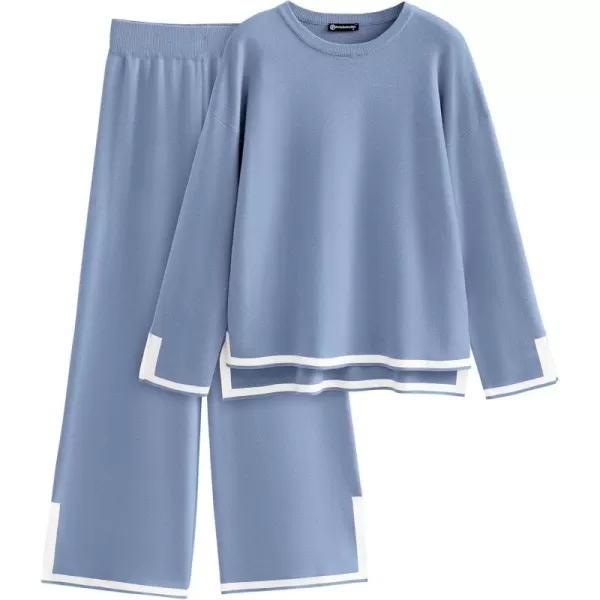 PRETTYGARDEN Womens 2 Piece Knit Sweater Set Casual Long Sleeve Pullover Wide Leg Pants Sweatsuit Tracksuit OutfitBlue
