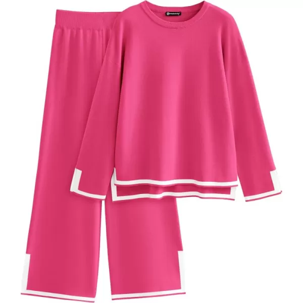 PRETTYGARDEN Womens 2 Piece Knit Sweater Set Casual Long Sleeve Pullover Wide Leg Pants Sweatsuit Tracksuit OutfitRose Red