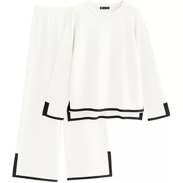 PRETTYGARDEN Womens 2 Piece Knit Sweater Set Casual Long Sleeve Pullover Wide Leg Pants Sweatsuit Tracksuit OutfitWhite