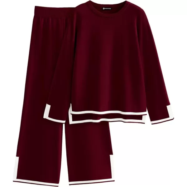 PRETTYGARDEN Womens 2 Piece Knit Sweater Set Casual Long Sleeve Pullover Wide Leg Pants Sweatsuit Tracksuit OutfitWine Red