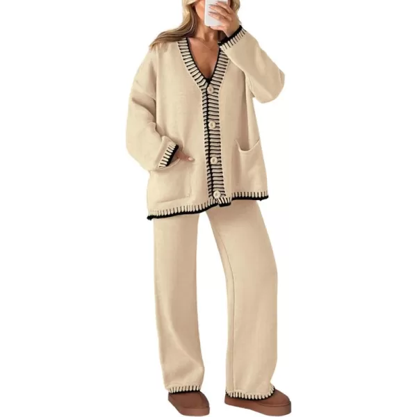 PRETTYGARDEN Womens 2 Piece Outfits Knit Matching Lounge Sets Long Sleeve V Neck Cardigan Sweaters Wide Leg Pants TracksuitsBeige