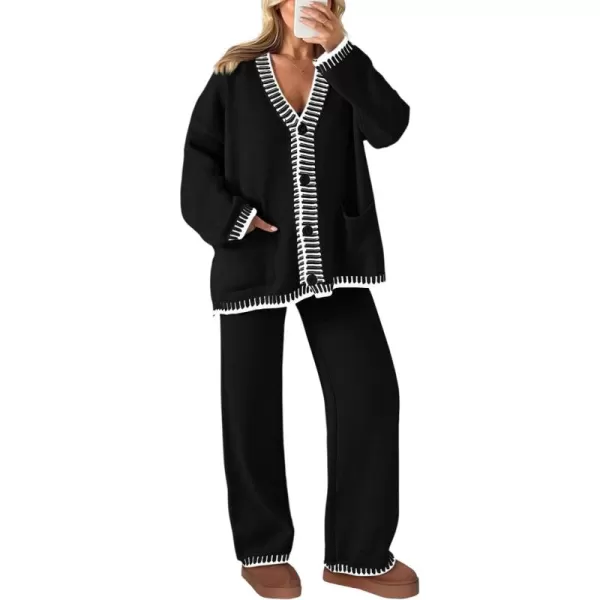 PRETTYGARDEN Womens 2 Piece Outfits Knit Matching Lounge Sets Long Sleeve V Neck Cardigan Sweaters Wide Leg Pants TracksuitsBlack