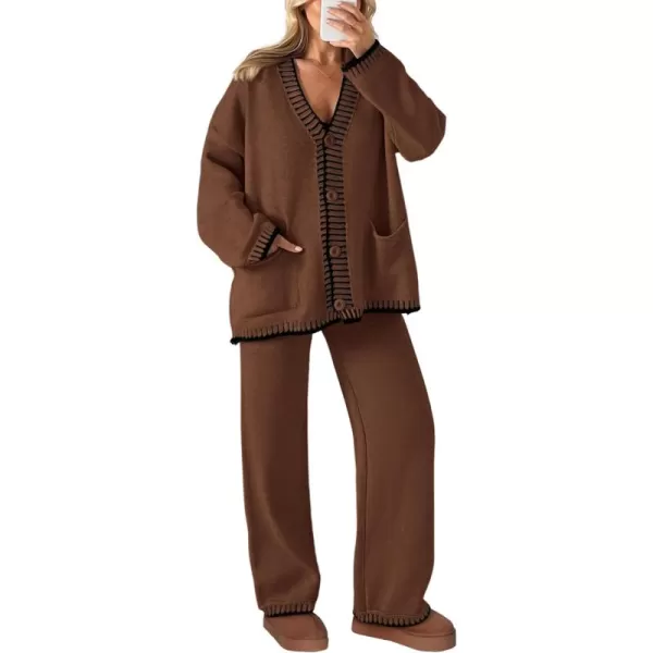 PRETTYGARDEN Womens 2 Piece Outfits Knit Matching Lounge Sets Long Sleeve V Neck Cardigan Sweaters Wide Leg Pants TracksuitsCoffee