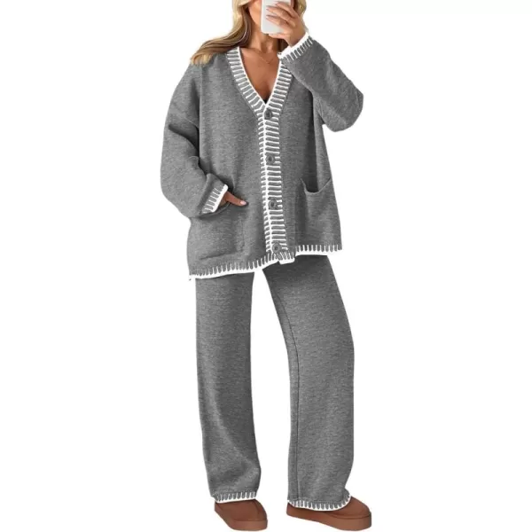 PRETTYGARDEN Womens 2 Piece Outfits Knit Matching Lounge Sets Long Sleeve V Neck Cardigan Sweaters Wide Leg Pants TracksuitsGrey