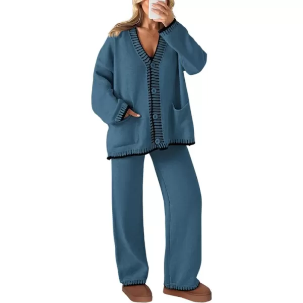 PRETTYGARDEN Womens 2 Piece Outfits Knit Matching Lounge Sets Long Sleeve V Neck Cardigan Sweaters Wide Leg Pants TracksuitsGrey Blue