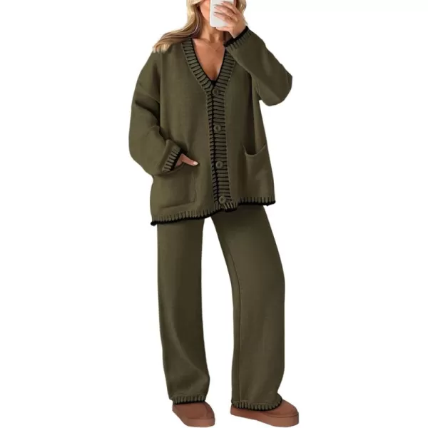 PRETTYGARDEN Womens 2 Piece Outfits Knit Matching Lounge Sets Long Sleeve V Neck Cardigan Sweaters Wide Leg Pants TracksuitsKhaki Green
