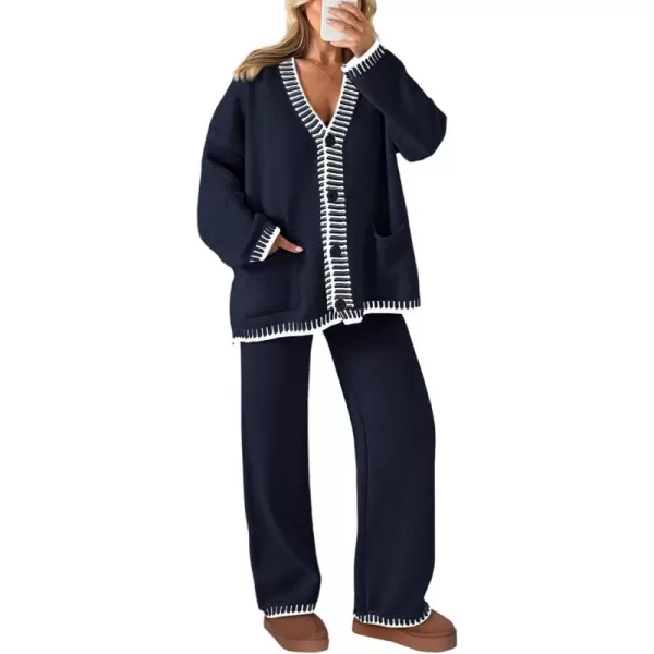 PRETTYGARDEN Womens 2 Piece Outfits Knit Matching Lounge Sets Long Sleeve V Neck Cardigan Sweaters Wide Leg Pants TracksuitsNavy