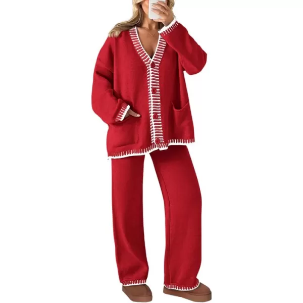 PRETTYGARDEN Womens 2 Piece Outfits Knit Matching Lounge Sets Long Sleeve V Neck Cardigan Sweaters Wide Leg Pants TracksuitsRed
