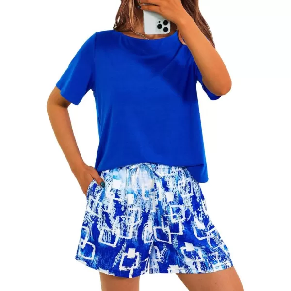 PRETTYGARDEN Womens Summer 2 Piece Outfits Lounge Sets Short Sleeve Tee Shirts Tops Blouses Pockets Printed Shorts TracksuitBlue