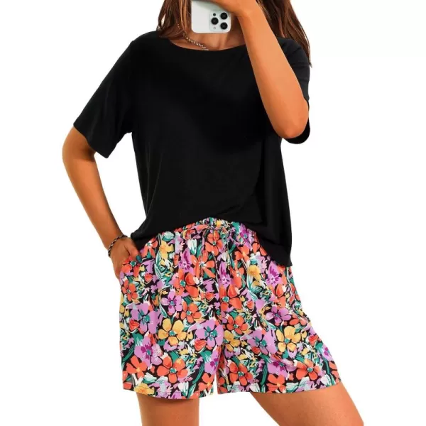 PRETTYGARDEN Womens Summer 2 Piece Outfits Lounge Sets Short Sleeve Tee Shirts Tops Blouses Pockets Printed Shorts TracksuitFloral Black