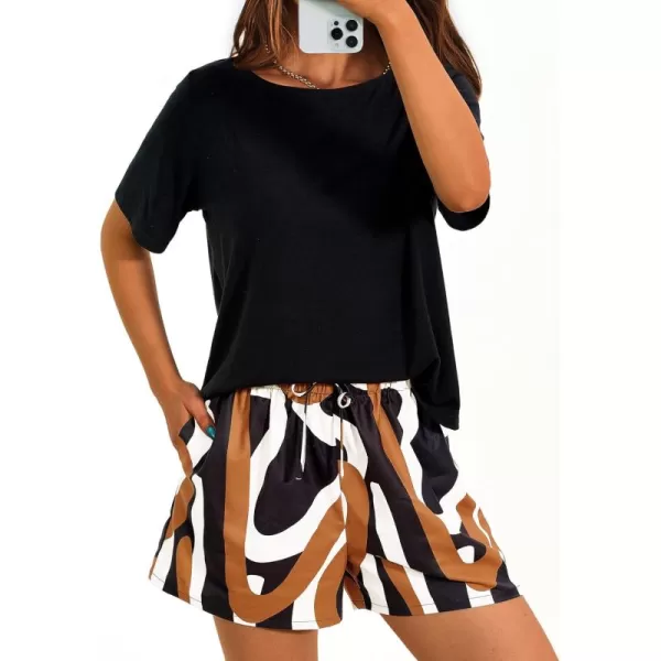 PRETTYGARDEN Womens Summer 2 Piece Outfits Lounge Sets Short Sleeve Tee Shirts Tops Blouses Pockets Printed Shorts TracksuitFloral Black Multicolored