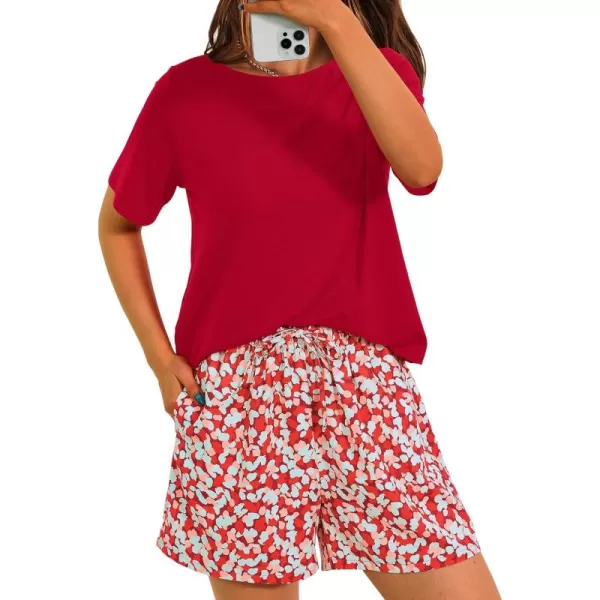 PRETTYGARDEN Womens Summer 2 Piece Outfits Lounge Sets Short Sleeve Tee Shirts Tops Blouses Pockets Printed Shorts TracksuitRed
