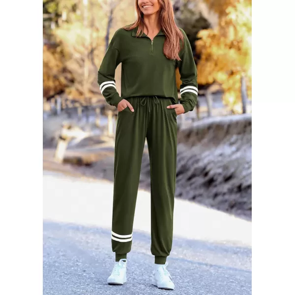 PRETTYGARDEN Womens 2 Piece Outfits Fall Fashion 2024 Striped 14 Zip Pullover Tops Long Sweatpants Tracksuit SetsArmy Green