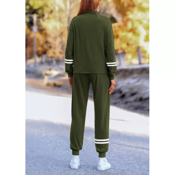 PRETTYGARDEN Womens 2 Piece Outfits Fall Fashion 2024 Striped 14 Zip Pullover Tops Long Sweatpants Tracksuit SetsArmy Green