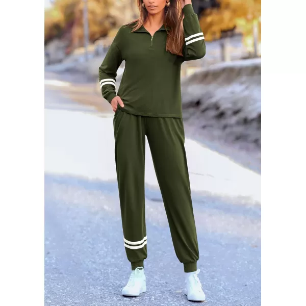 PRETTYGARDEN Womens 2 Piece Outfits Fall Fashion 2024 Striped 14 Zip Pullover Tops Long Sweatpants Tracksuit SetsArmy Green